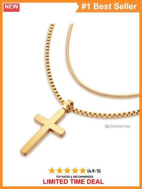 18K Gold Cross Necklace Duo Waterproof Layered Set Unisex